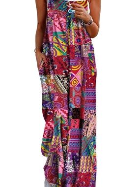 Boho Patchwork Maxi Jumpsuit - Multicolor